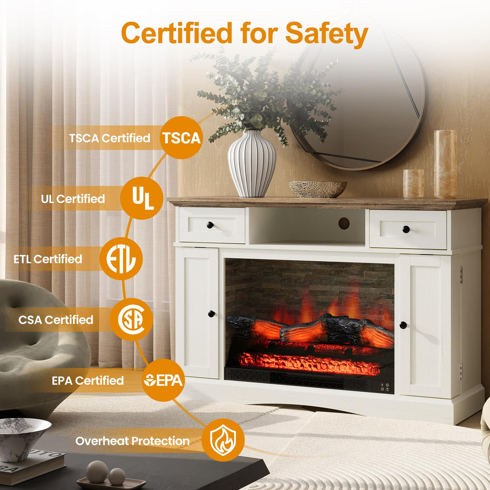 RoyalCraft Fireplace TV Stands with for TVs up to 55'', Media Console Table with Adjustable Shelves, Double-Door Design, Entertainment Center for Living Room, White and Rustic Oak