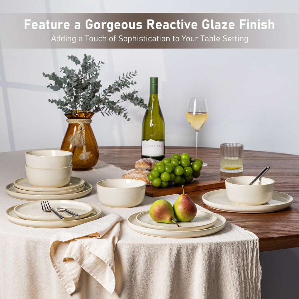 GBHOME Ceramic Dinnerware Sets for 8, 24 Pieces Stoneware Plates and Bowls Sets, Scratch Resistant Dishes, Dishwasher & Microwave Safe, Reactive Glaze-Green Wheat