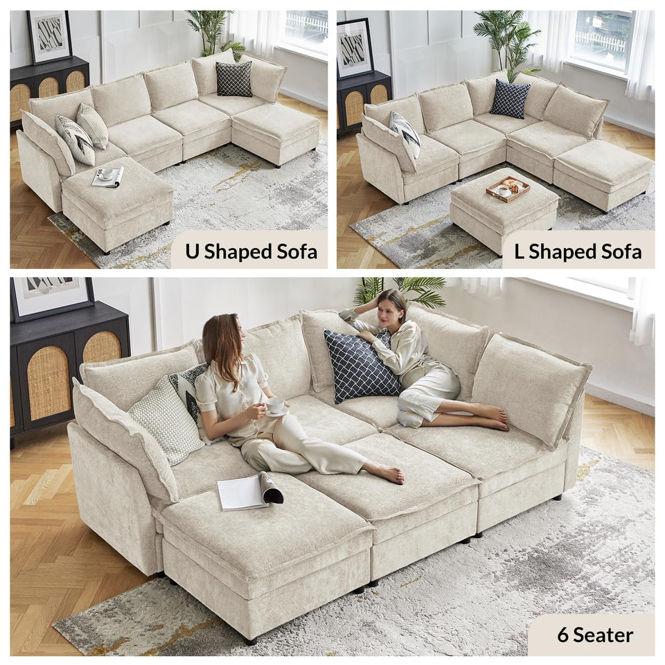 HULALA HOME 127'' Modular Sectional Sofa, Oversized U Shaped Couch with Storage Ottoman, Comfy Chenille Sofa with Deep Seat, 6 Seat Convertible Couches for Living Room, Beige