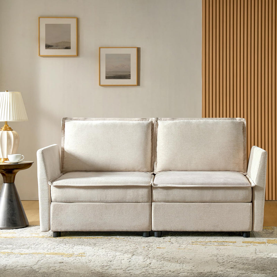 HULALA HOME 127'' Modular Sectional Sofa, Oversized U Shaped Couch with Storage Ottoman, Comfy Chenille Sofa with Deep Seat, 6 Seat Convertible Couches for Living Room, Beige