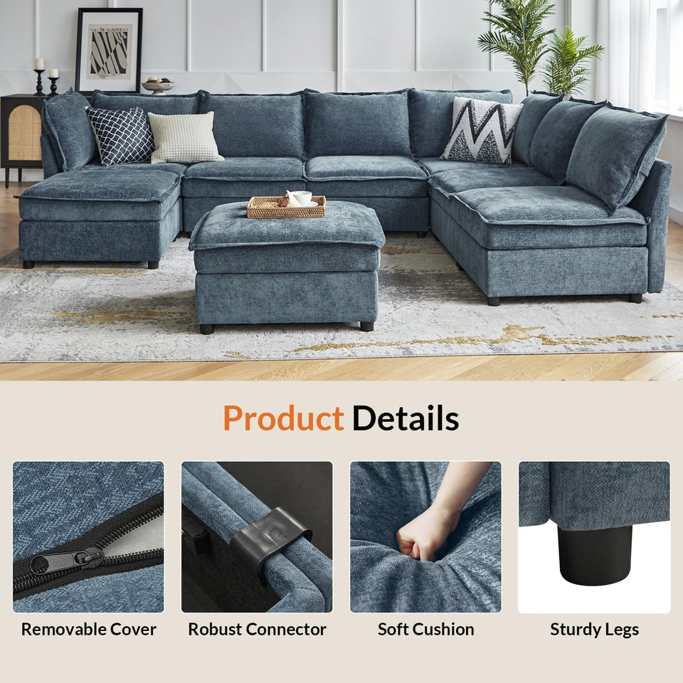 HULALA HOME 127'' Modular Sectional Sofa, Oversized U Shaped Couch with Storage Ottoman, Comfy Chenille Sofa with Deep Seat, 6 Seat Convertible Couches for Living Room, Beige