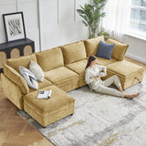 HULALA HOME 127'' Modular Sectional Sofa, Oversized U Shaped Couch with Storage Ottoman, Comfy Chenille Sofa with Deep Seat, 6 Seat Convertible Couches for Living Room, Beige
