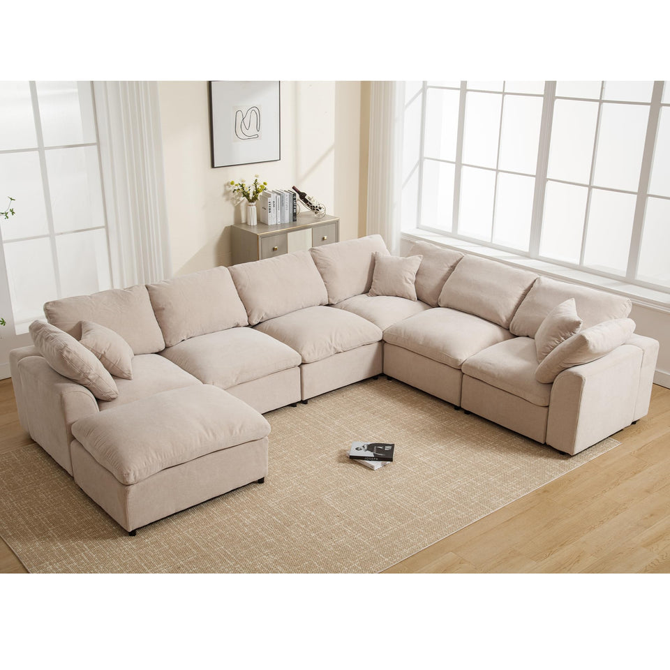 Tmsan 129.3" Oversized Modular Sectional Sofa, U Shaped Couch with Movable Ottoman, Large 7 Seat Corner Couches for Living Room, Spacious Space, Beige