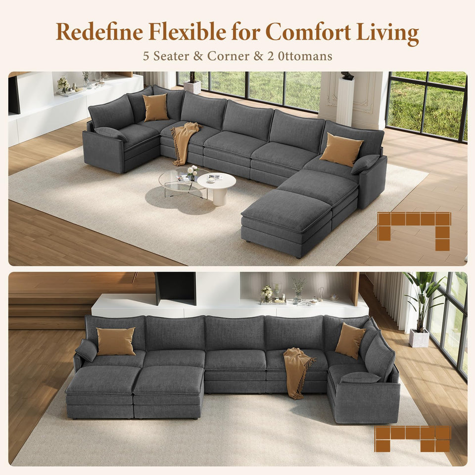 Vesgantti 142" U Shaped Sectional Couch, Comfy Cloud Modular Sectional Sofa with 2 Ottoman Deep Seat Chenille Modern Cloud Sofa, Modular Sofas for Living Room, Bedroom and Apartment, Beige