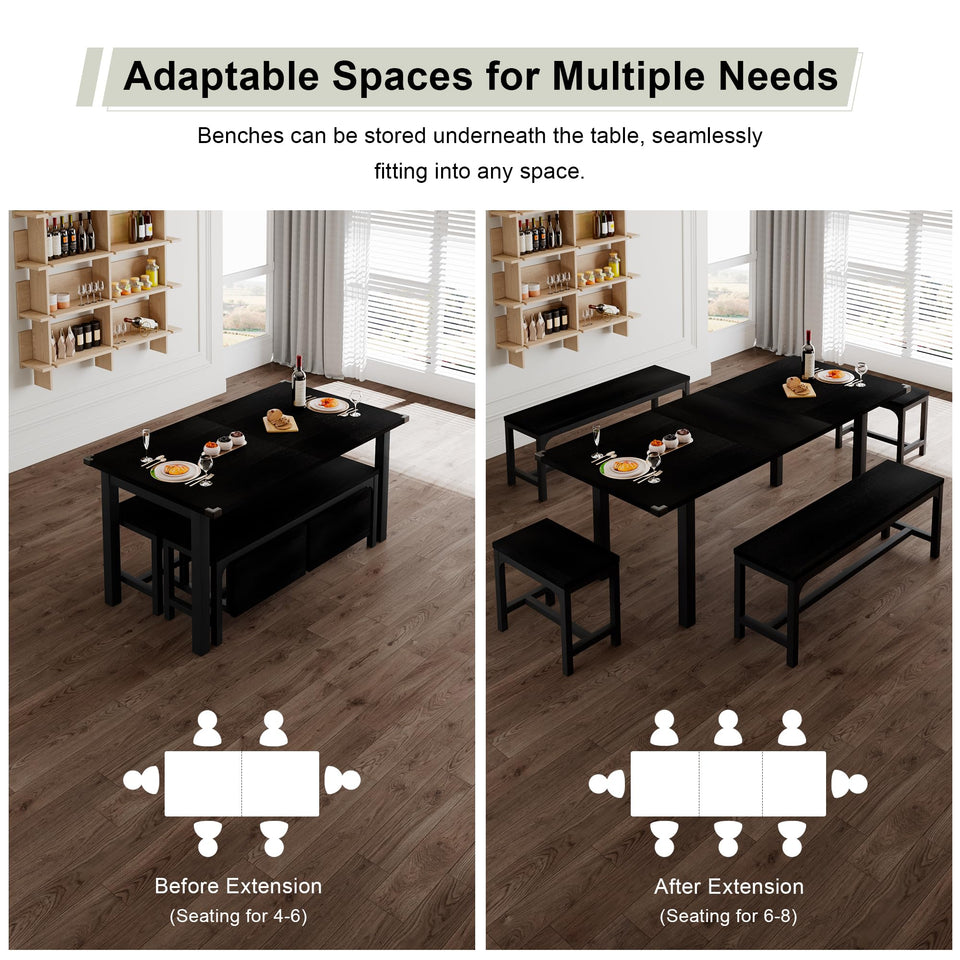 Feonase 5-Piece Dining Table Set for 4-8 People, 63" Large Extendable Kitchen Table Set with 2 Benches and 2 Square Stools, Dining Room Table with MDF Wood Board, Easy Assembly, Black