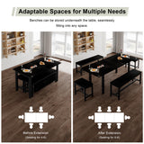 Feonase 5-Piece Dining Table Set for 4-8 People, 63" Large Extendable Kitchen Table Set with 2 Benches and 2 Square Stools, Dining Room Table with MDF Wood Board, Easy Assembly, Black