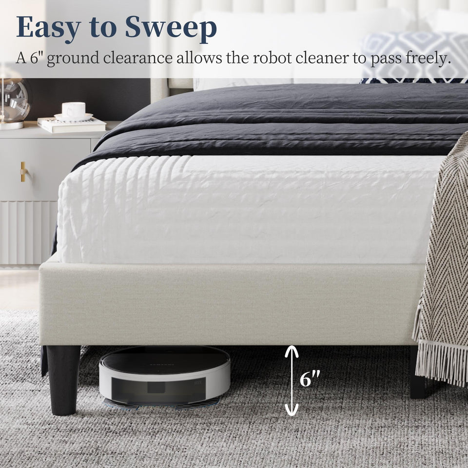 Yaheetech King Bed Frame Upholstered Platform Bed with Fabric Headboard, Wing Edge Design/Non-Slip and Noise-Free/Wooden Slats Support/No Box Spring Needed/Easy Assembly, Ivory King Bed