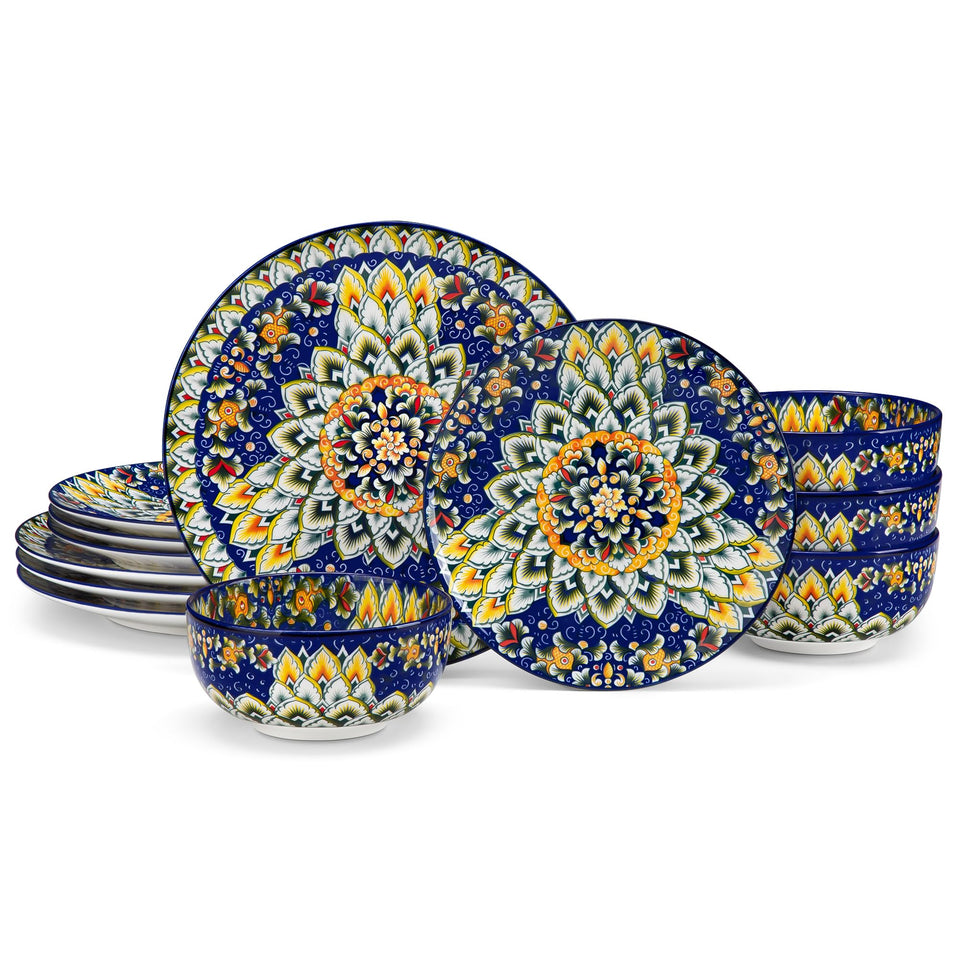 vancasso 24 Pieces Dinnerware Sets, Plates and Bowls Set, Porcelain Dishes Set for 6, Microwave and Dishwasher Safe, Scratch Resistant, Bohemian Style Dining Ware Service for 6, Series SIMI