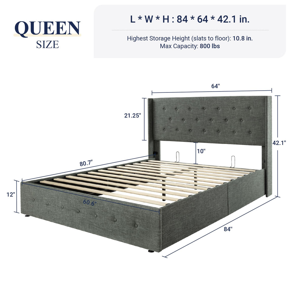 Allewie King Size Lift Up Storage Bed, Modern Wingback Headboard, Hydraulic Support, No Box Spring Needed, Light Beige