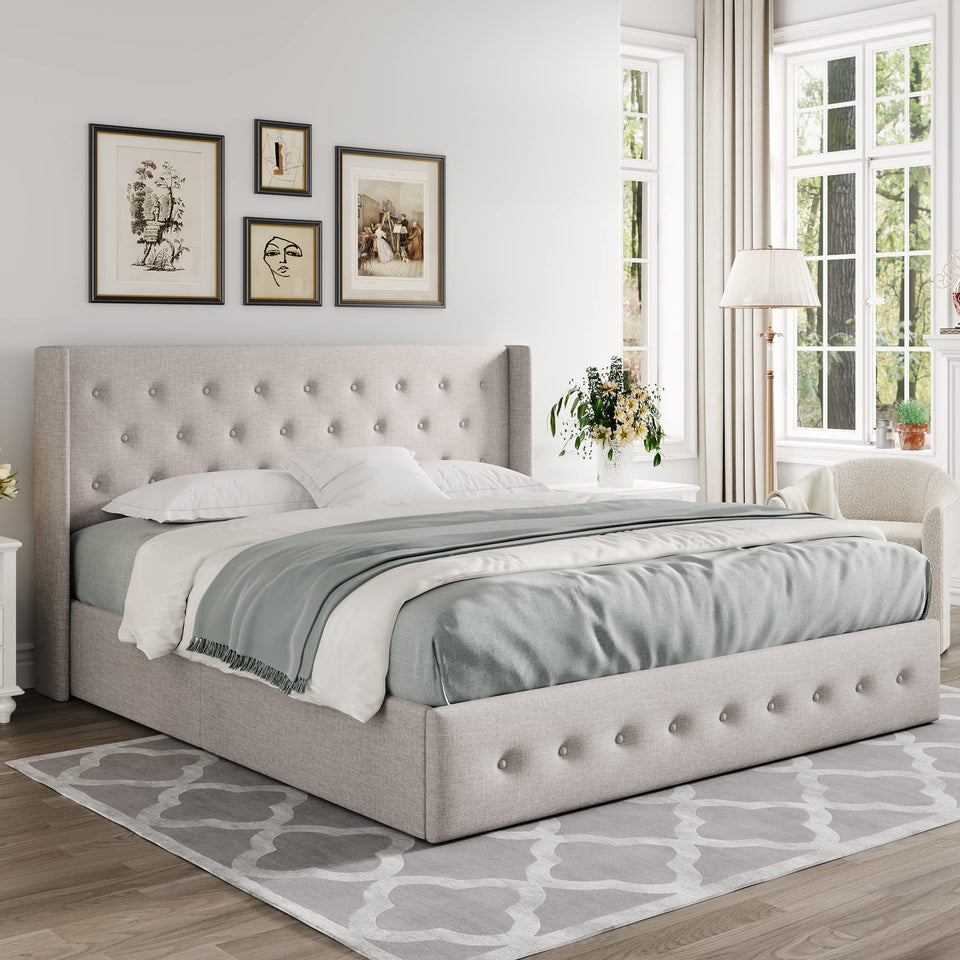 Allewie King Size Lift Up Storage Bed, Modern Wingback Headboard, Hydraulic Support, No Box Spring Needed, Light Beige
