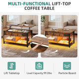 YITAHOME Lift Top Coffee Table with RGB Light, 3-in-1 Coffee Table with Power Outlets, Hidden & Open Storage, Adjustable Height, Wooden Dining Table for Living Room, Home Office, Brown
