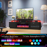 AMERLIFE Fireplace TV Stand with 36" Fireplace, 70" Modern High Gloss Fireplace Entertainment Center LED Lights, 2 Tier TV Console Cabinet for TVs Up to 80", Obsidian Black