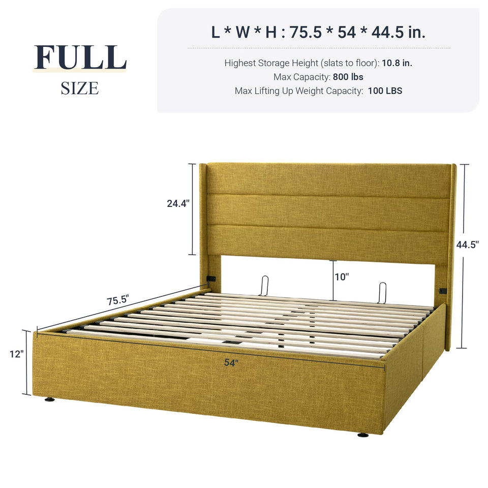 Allewie King Size Lift Up Storage Bed, Modern Wingback Headboard, Hydraulic Support, No Box Spring Needed, Light Beige