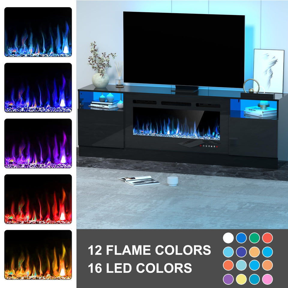 OUTGUAVA Fireplace TV Stand for 80 Inch TV, TV Stand with 36" Fireplace, LED Light Entertainment Center with Storage Cabinets, Media TV Console TV Table for Living Room, Black