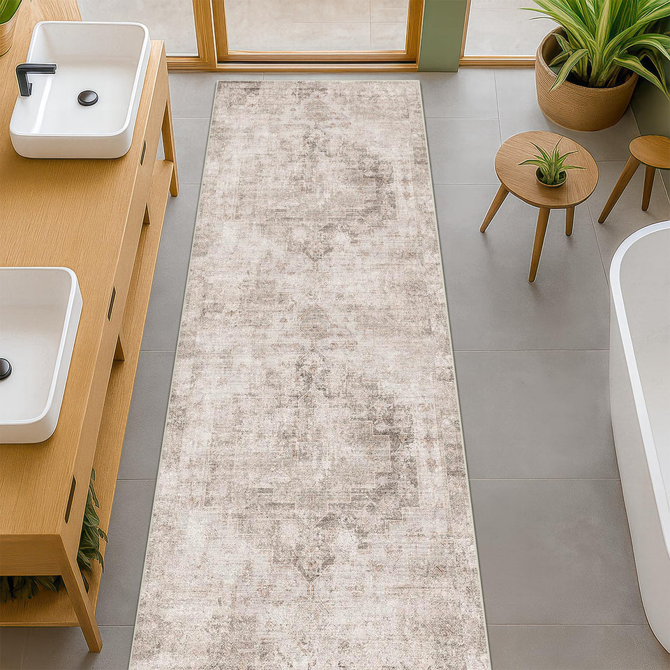 Neutral Living Room Rug - 10x14 Farmhouse Beige Brown Large Area Rug for Dining Room, Bedroom, Low Pile Lightweight Washable