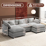 Ihanherry 146" U-Shaped Modern Sofa Modular Sectional Cloud Couch with 2 Ottoman, 6-Seat Chenille Deep Seat Sofa with 6 Pillows for Living Room, Bedroom and Apartment, Grey