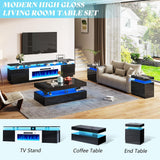 AMERLIFE Fireplace TV Stand with 36" Fireplace, 70" Modern High Gloss Fireplace Entertainment Center LED Lights, 2 Tier TV Console Cabinet for TVs Up to 80", Obsidian Black