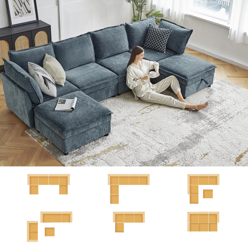HULALA HOME 127'' Modular Sectional Sofa, Oversized U Shaped Couch with Storage Ottoman, Comfy Chenille Sofa with Deep Seat, 6 Seat Convertible Couches for Living Room, Beige