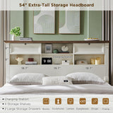 Farmhouse King Size Bed Frame with 54" Tall Storage Bookcase Headboard, Wood Platform Bed Frame with 2 Drawers & 18" Tall Roman Column Decoration Footboard, No Box Spring Needed(Antique White)