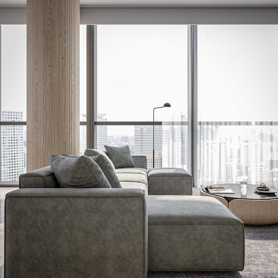 Acanva Luxury Modular Sectional Living Room Sofa Set, Modern Minimalist Style Couch with Ottoman and Chaise, L-Shape, Linen-Like Cream