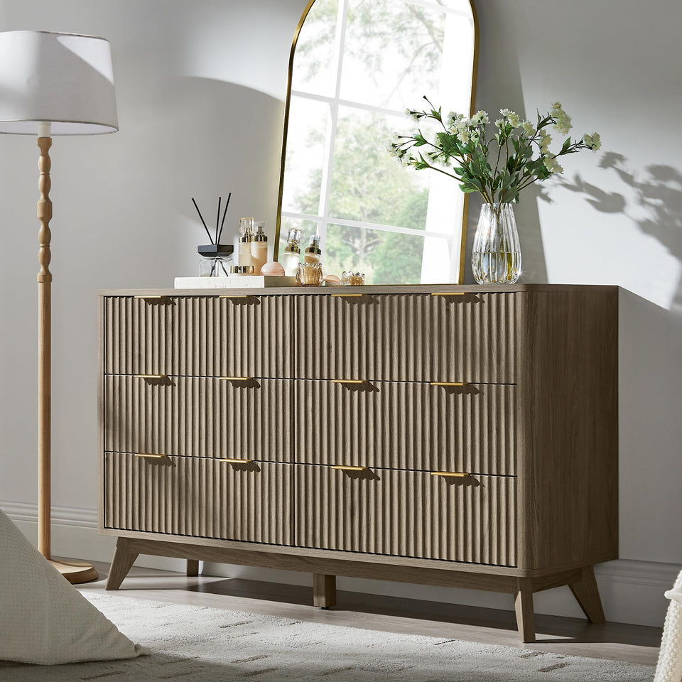 T4TREAM Fluted 7 Drawers Dresser, 54" Wide Modern Chest of Drawers with Faux Marble Top, Curved Profile Design, Dresser TV Stand, Wood Drawer Organizer for Bedroom, Living Room, Hallway, Natural Oak