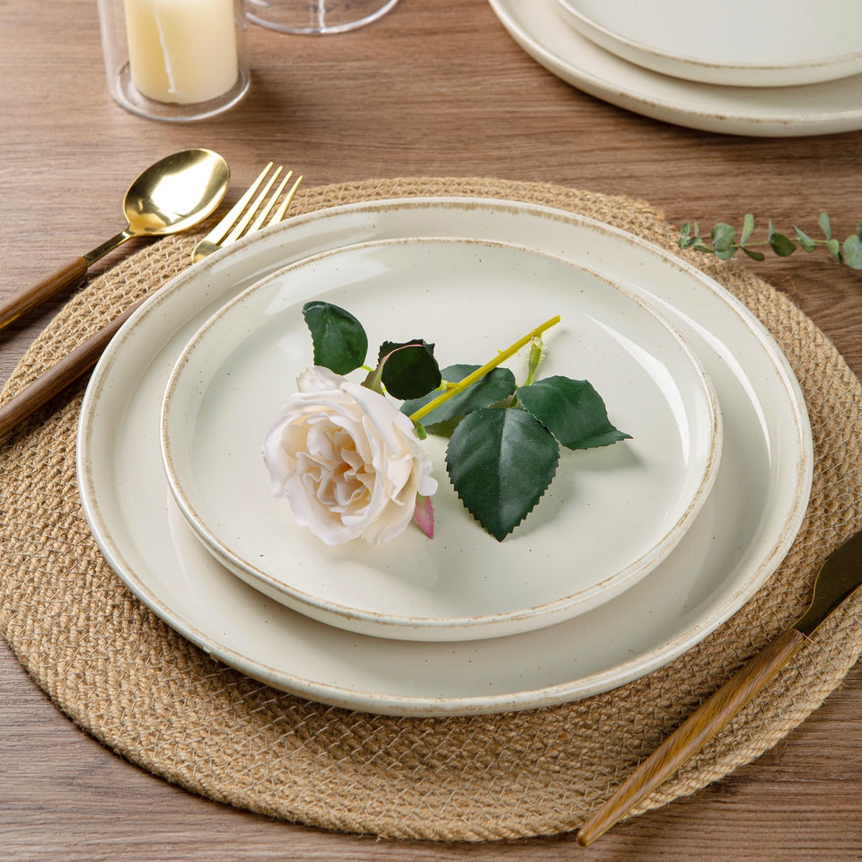 AmorArc Ceramic Dinnerware Sets for 8, 24 Pieces Handpainted Plates and Bowls Set with Rustic Terracotta Underside, Scratch Resistant Stoneware Dishes Set, Dishwasher & Microwave Safe, Light Beige