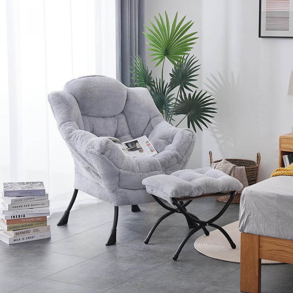 LITA Lazy Chair with Ottoman, Modern Accent Leisure Upholstered Lazy Sofa Armchair, Contemporary Lounge Reading Chair with Armrests and a Side Pocket for Living Room, Bedroom & Small Space, Dark Grey