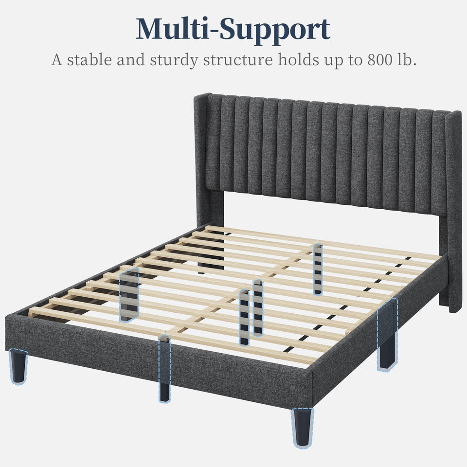 Yaheetech King Bed Frame Upholstered Platform Bed with Fabric Headboard, Wing Edge Design/Non-Slip and Noise-Free/Wooden Slats Support/No Box Spring Needed/Easy Assembly, Ivory King Bed