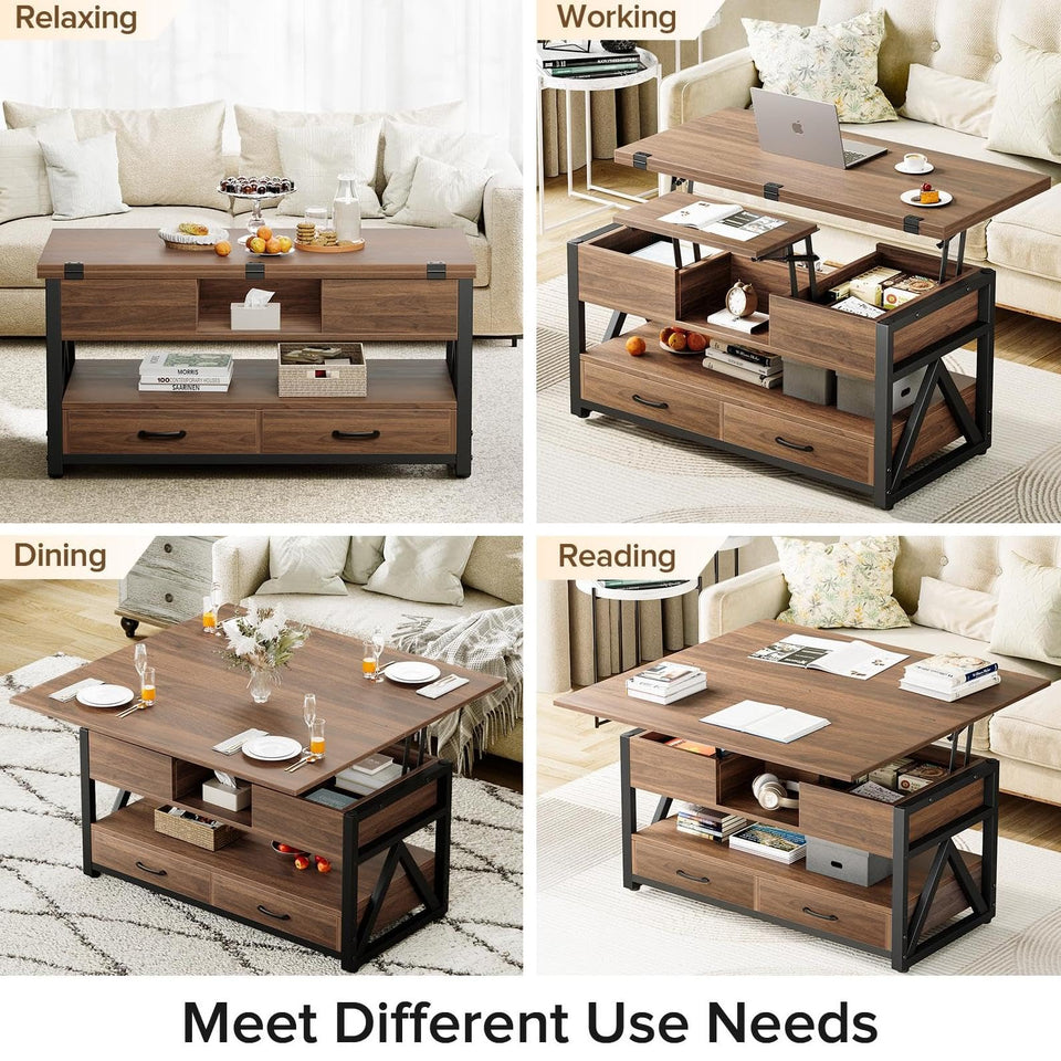 Memobarco 40" Lift Top Coffee Table,4 in 1 Multi-Function Lift Coffee Tables with Storage Drawers and Hidden Compartmen,Farmhouse Coffee Table with Lifting top for Living Room,Black