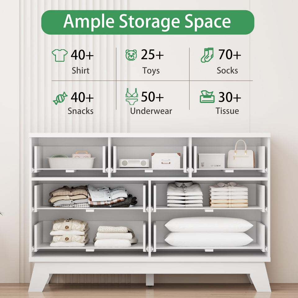 Fluted Dresser for Bedroom with 9 Drawers, 57" Wide Modern Chest of Drawers with Metal Handle, Wooden Dresser TV Stand, Wood Closet Clothes Storage Organizer for Living Room, Hallway, Natural Oak
