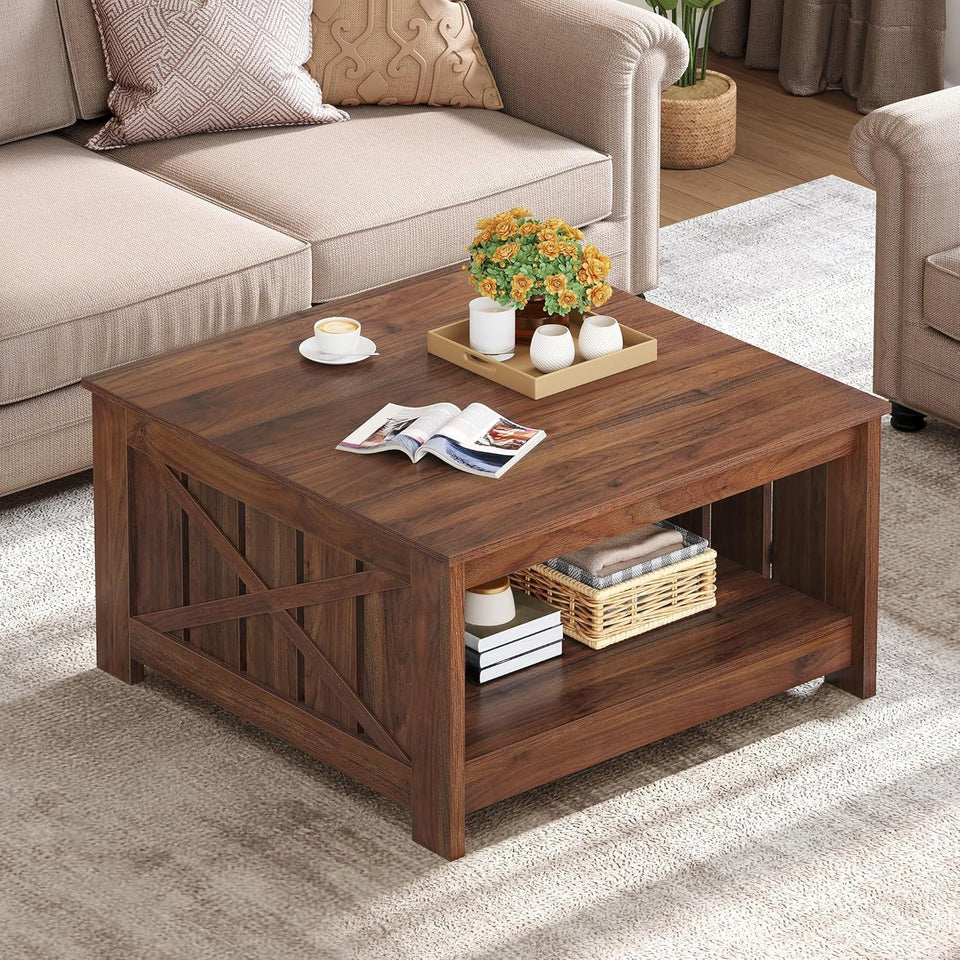 YITAHOME Coffee Table Farmhouse Coffee Table with Storage Rustic Wood Cocktail Table, Square Coffee Tables for Living Meeting Room with Half Open Storage Compartment, Grey Wash