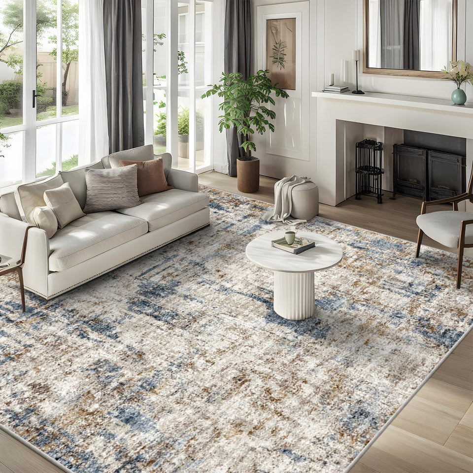 12x15 Area Rug for Living Room – Large Modern Neutral Abstract Thin Washable Carpet, Soft Low Pile Non-Slip Stain-Resistant for Bedroom Dining Room Home Office (Beige Grey)