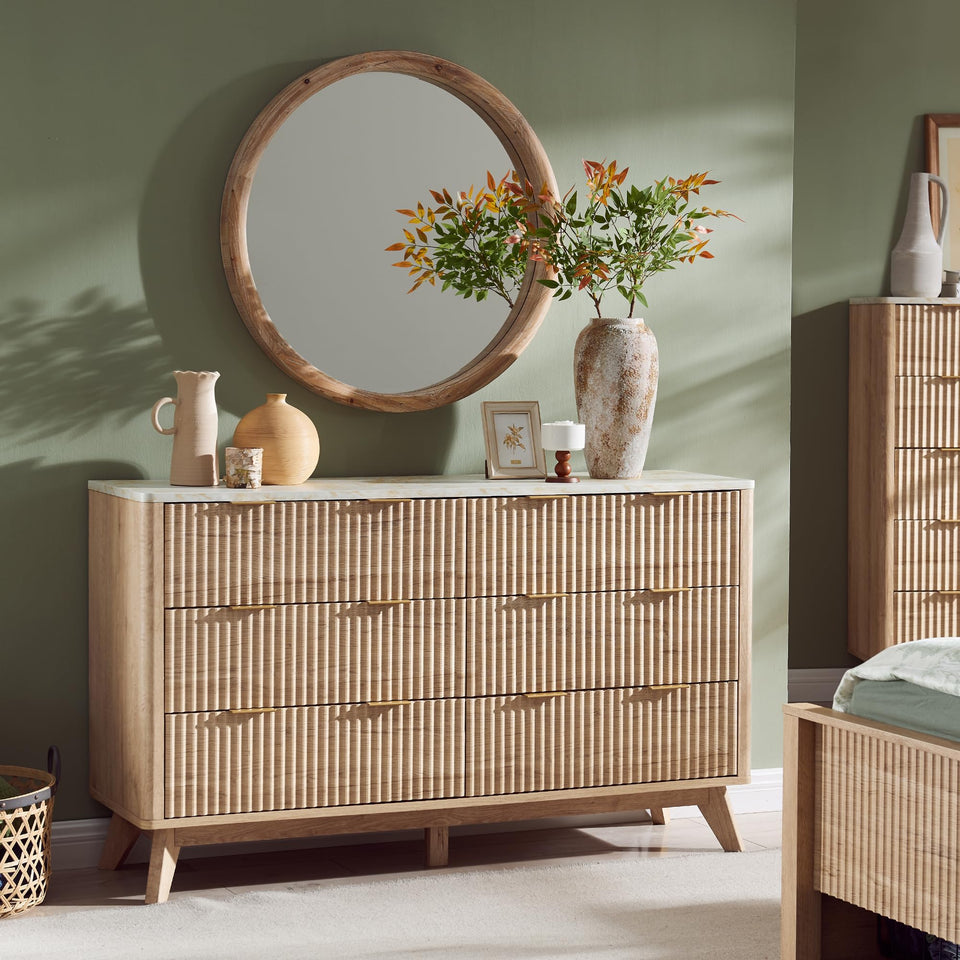 T4TREAM Fluted 7 Drawers Dresser, 54" Wide Modern Chest of Drawers with Faux Marble Top, Curved Profile Design, Dresser TV Stand, Wood Drawer Organizer for Bedroom, Living Room, Hallway, Natural Oak