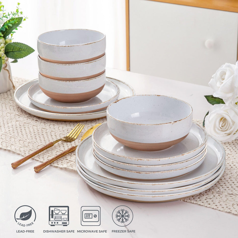 AmorArc Ceramic Dinnerware Sets for 8, 24 Pieces Handpainted Plates and Bowls Set with Rustic Terracotta Underside, Scratch Resistant Stoneware Dishes Set, Dishwasher & Microwave Safe, Light Beige
