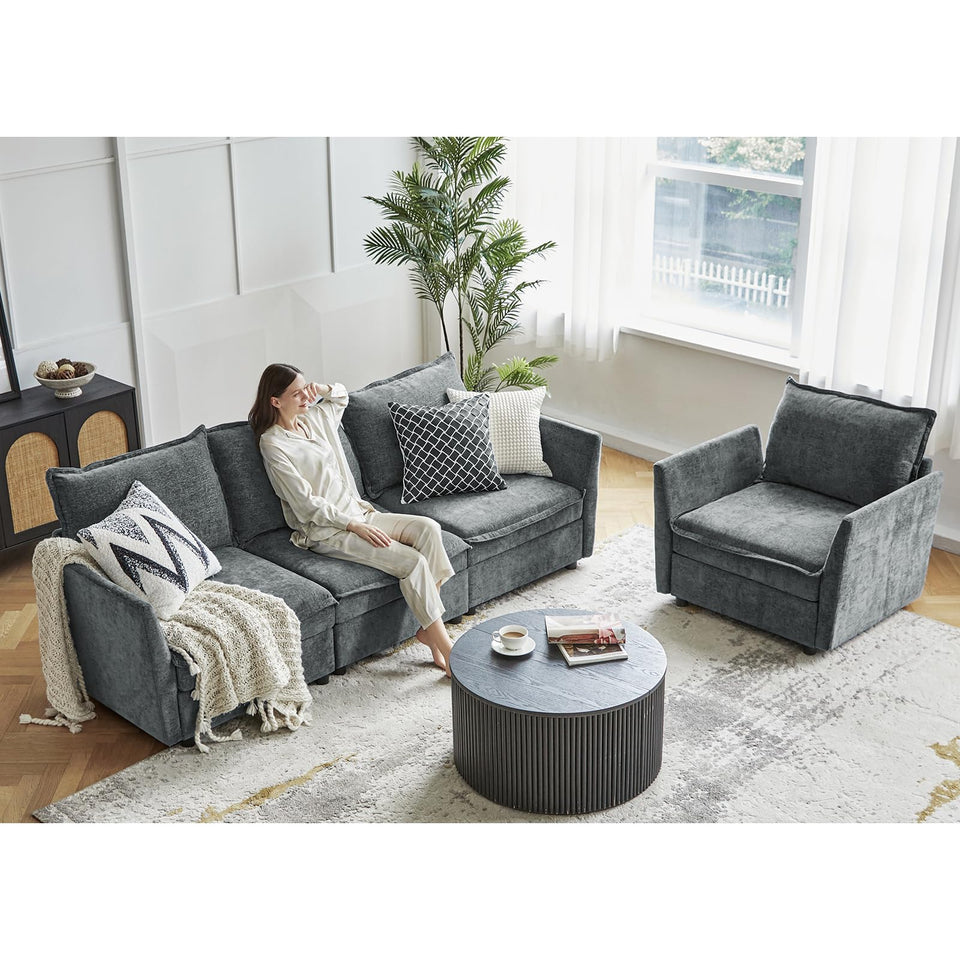 HULALA HOME 127'' Modular Sectional Sofa, Oversized U Shaped Couch with Storage Ottoman, Comfy Chenille Sofa with Deep Seat, 6 Seat Convertible Couches for Living Room, Beige