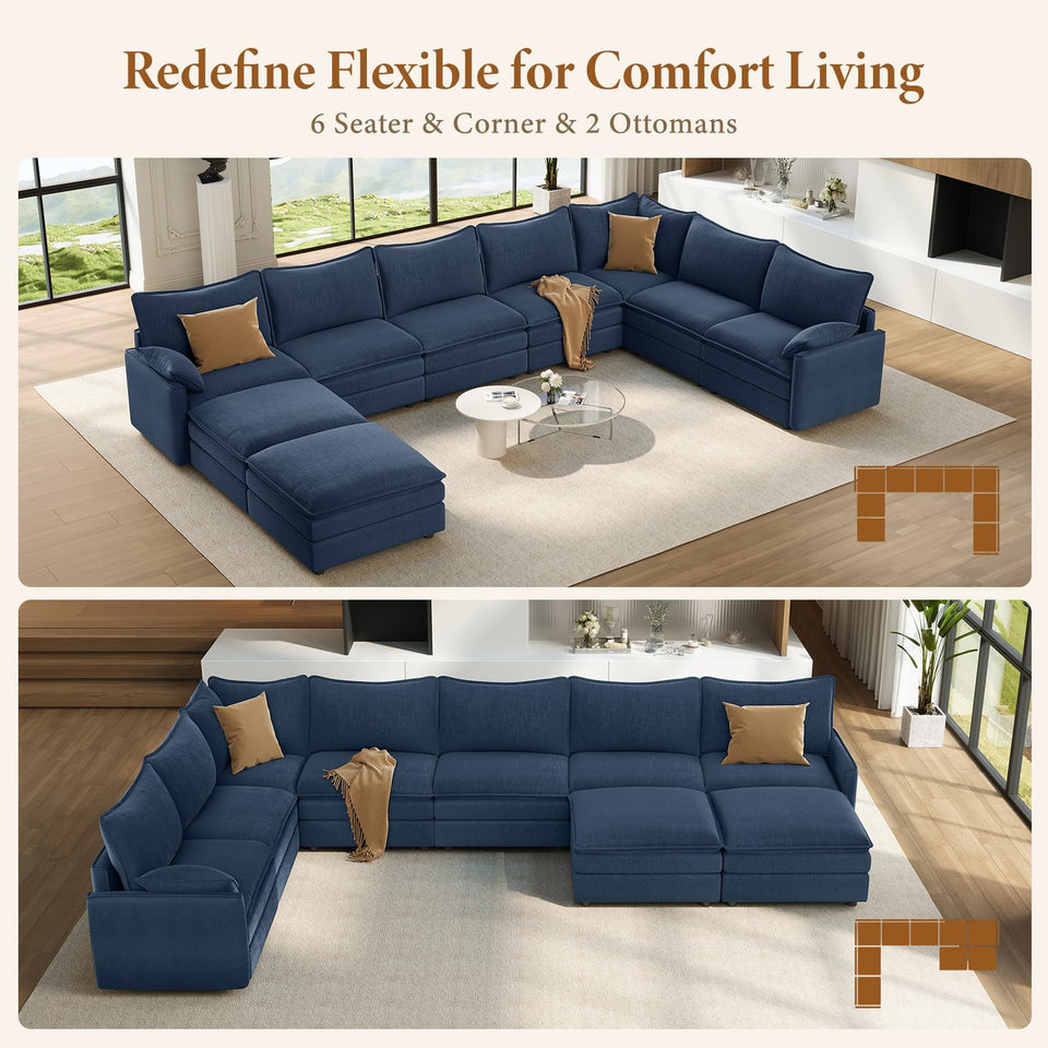 Vesgantti 142" U Shaped Sectional Couch, Comfy Cloud Modular Sectional Sofa with 2 Ottoman Deep Seat Chenille Modern Cloud Sofa, Modular Sofas for Living Room, Bedroom and Apartment, Beige