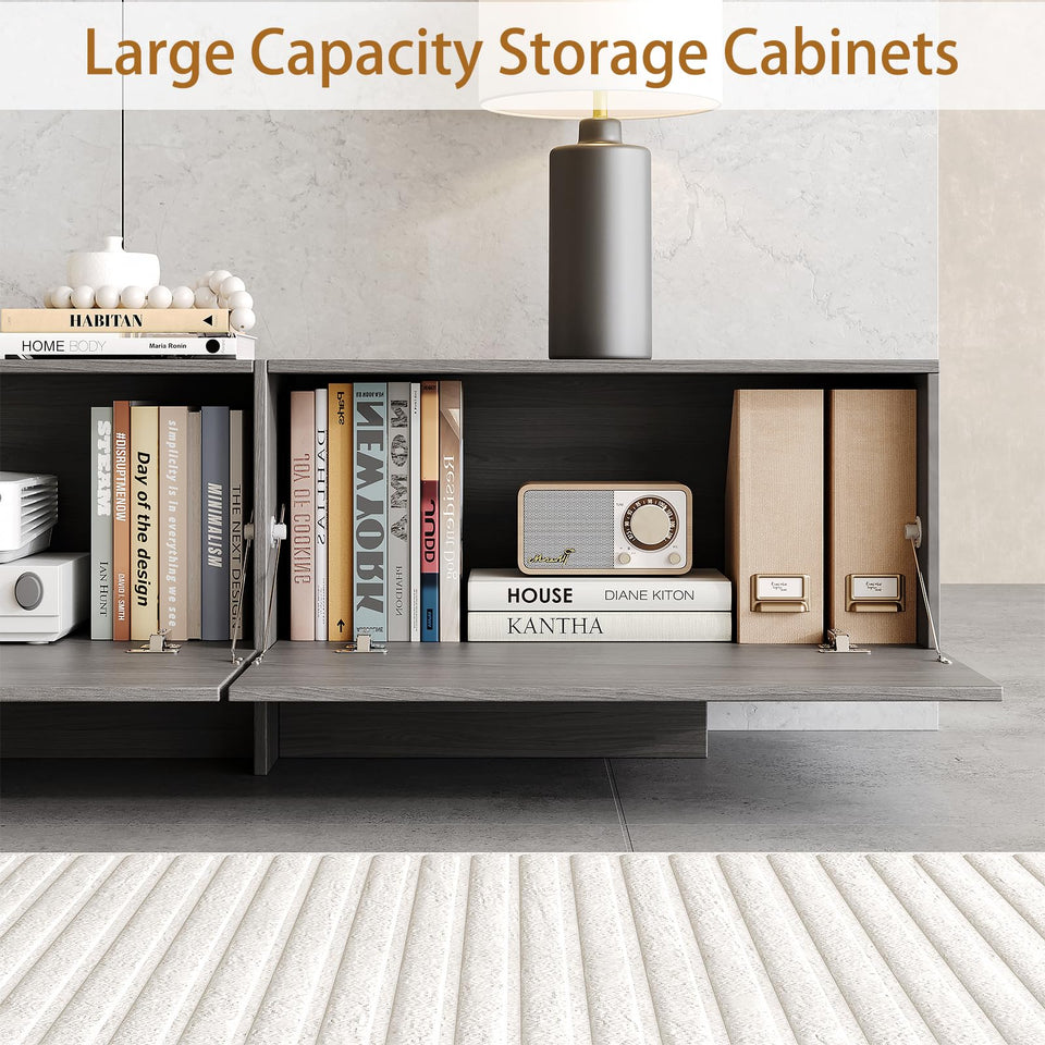 UKAOCAI 86.61'' Tambour TV Stand for 55-85 Inch, Modern Entertainment Center with Large Storage Cabinet & Open Shelves, TV Console with Sliding Doors for Living Room, Bedroom, Natural