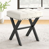 LUE BONA Square Linen Makeup Stool, Metal X Legs, Small Ottoman Stool Chair for Vanity, Modern Padded Seat Foot Rest for Makeup Room, Bathroom