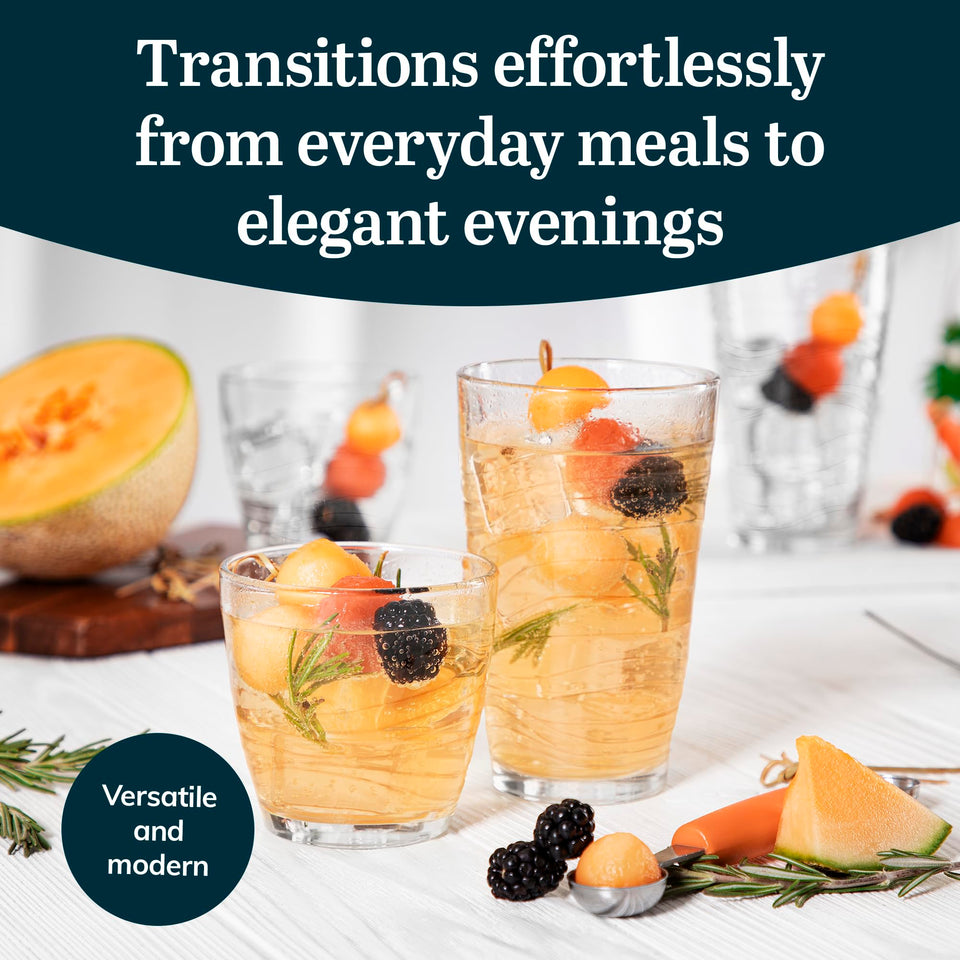 Libbey Ascent Tumbler and Rocks Drinking Glasses Set of 16, Glass Drinking Glasses with Curvature, Versatile Glassware Set for Parties and More