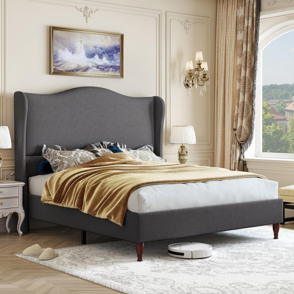 koorlian King Size Bed Frame Upholstered Platform Bed with 51" Tall Headboard Wingback, Soft Fabric, Retro Simple Style Platform Bed No Box Spring Needed, Easy Assembly, Beige