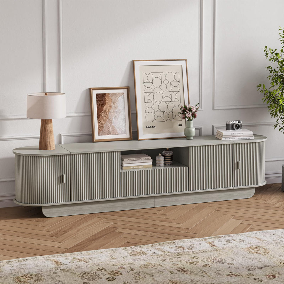 UKAOCAI 86.61'' Tambour TV Stand for 55-85 Inch, Modern Entertainment Center with Large Storage Cabinet & Open Shelves, TV Console with Sliding Doors for Living Room, Bedroom, Natural