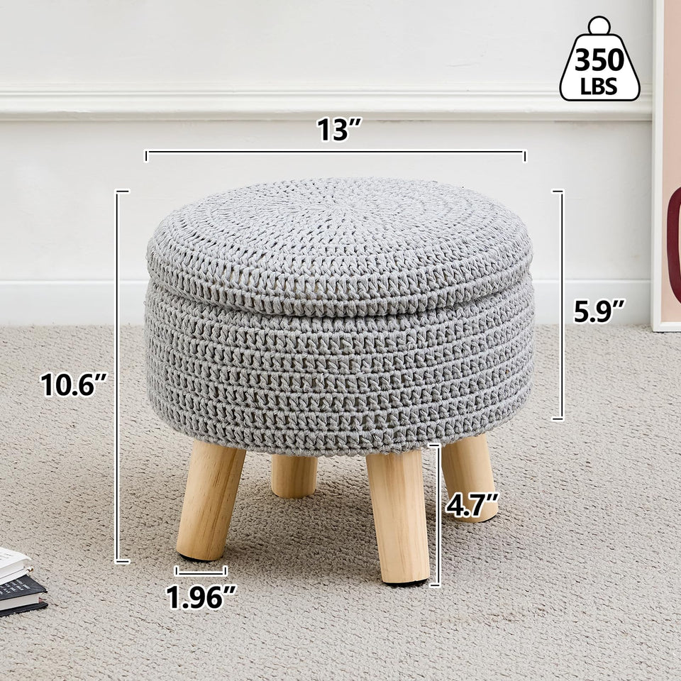 Wimarsbon Pouf Ottoman, 100% Cotton Knitted Boho Footstool, Round Footrest with Non-Skid Wood Legs, Home Décor Handmade Pouffe, Leisure Floor Step Stool for Living Room (Beige)