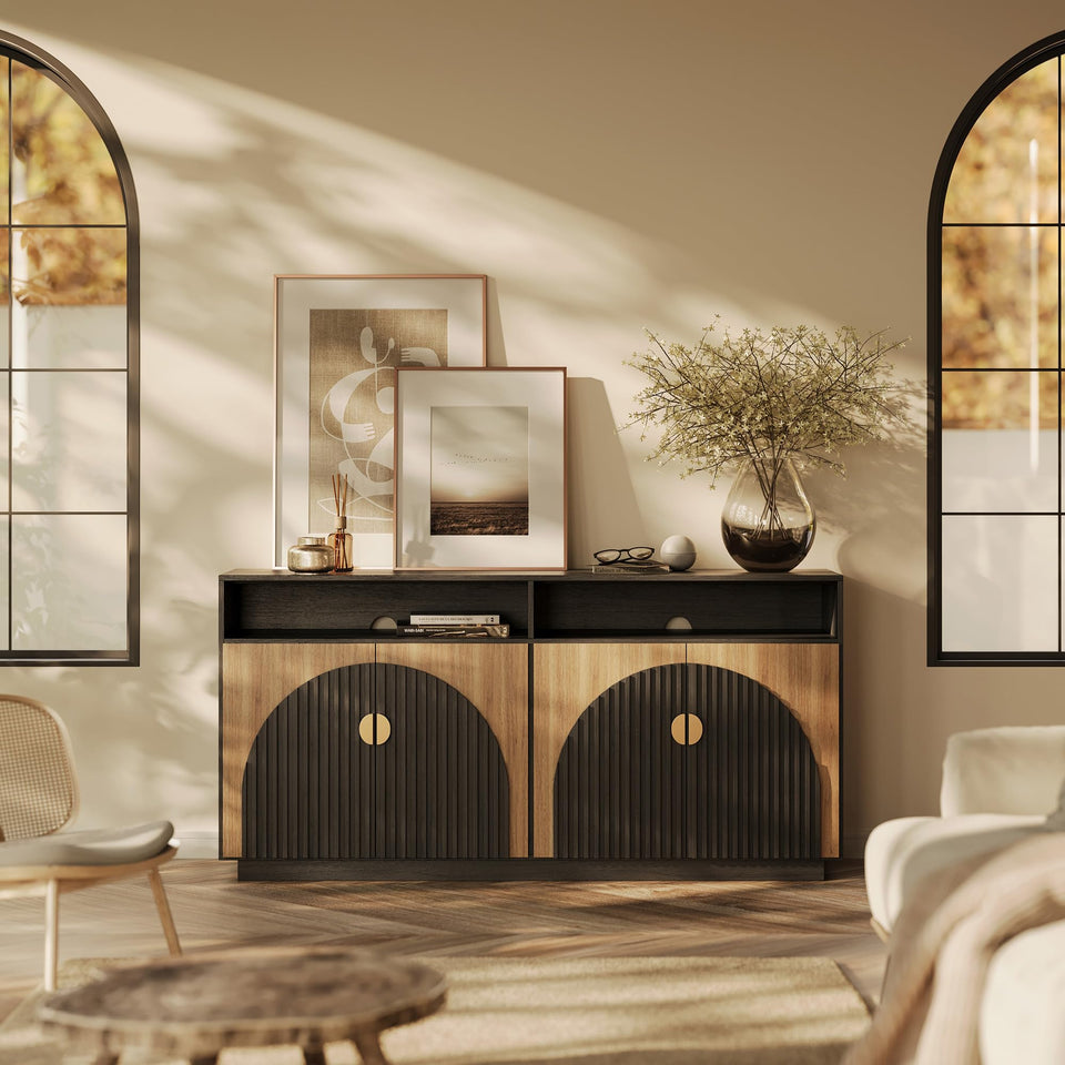 BELLEZE 65 Inch Fluted Buffet Cabinet with Storage, Symmetrical Arc Accent Sideboard Large Console Table for Dining Room, Kitchen, and Living Room (Caramel Brown)