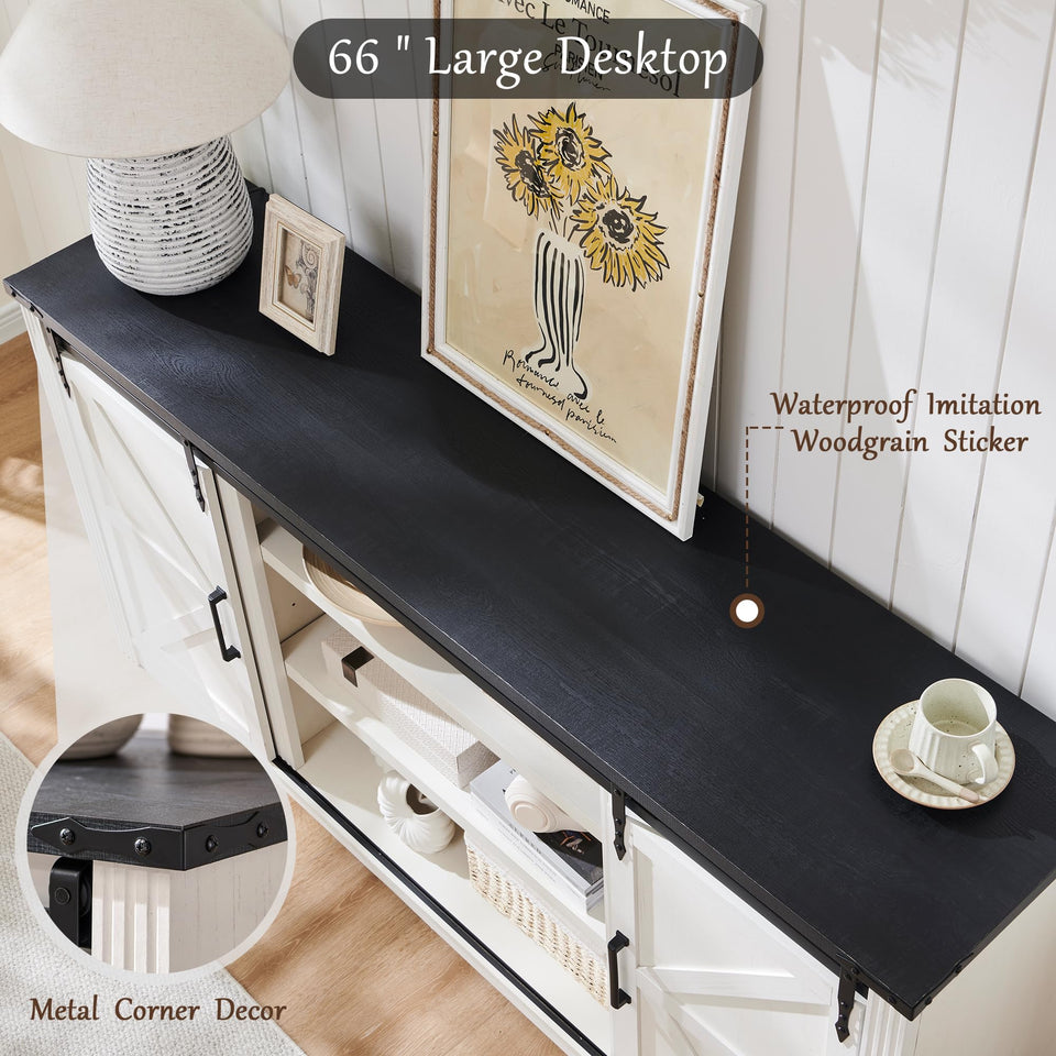 JXQTLINGMU Farmhouse TV Stand for 75+ Inch TV, 32" Tall Entertainment Center w/4 Drawers & Sliding Barn Door, Rustic Media Console w/Storage Shelves, 66" Wood Television Stand for Living Room, Brown