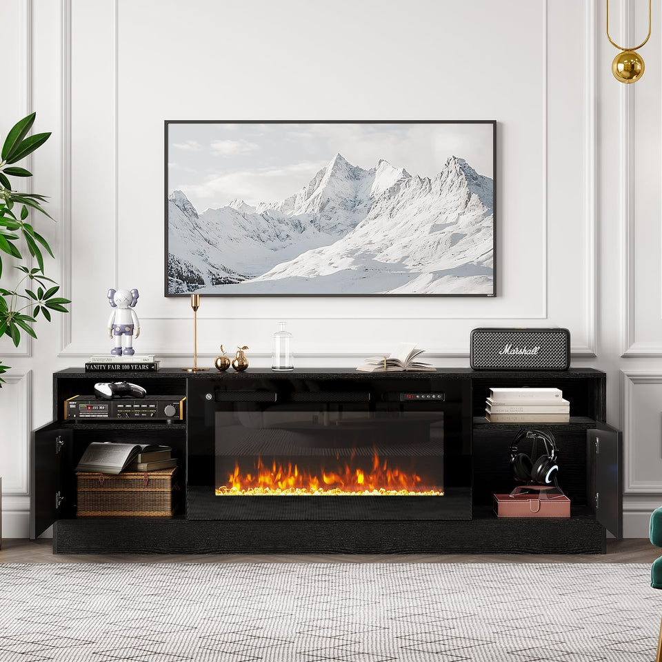OneBlis 80" Fireplace TV Stand, LED Light Entertainment Center for TVs Up to 90", High-Gloss Door, Modern TV Console for Living Room with Storage Cabinet, Black+Black