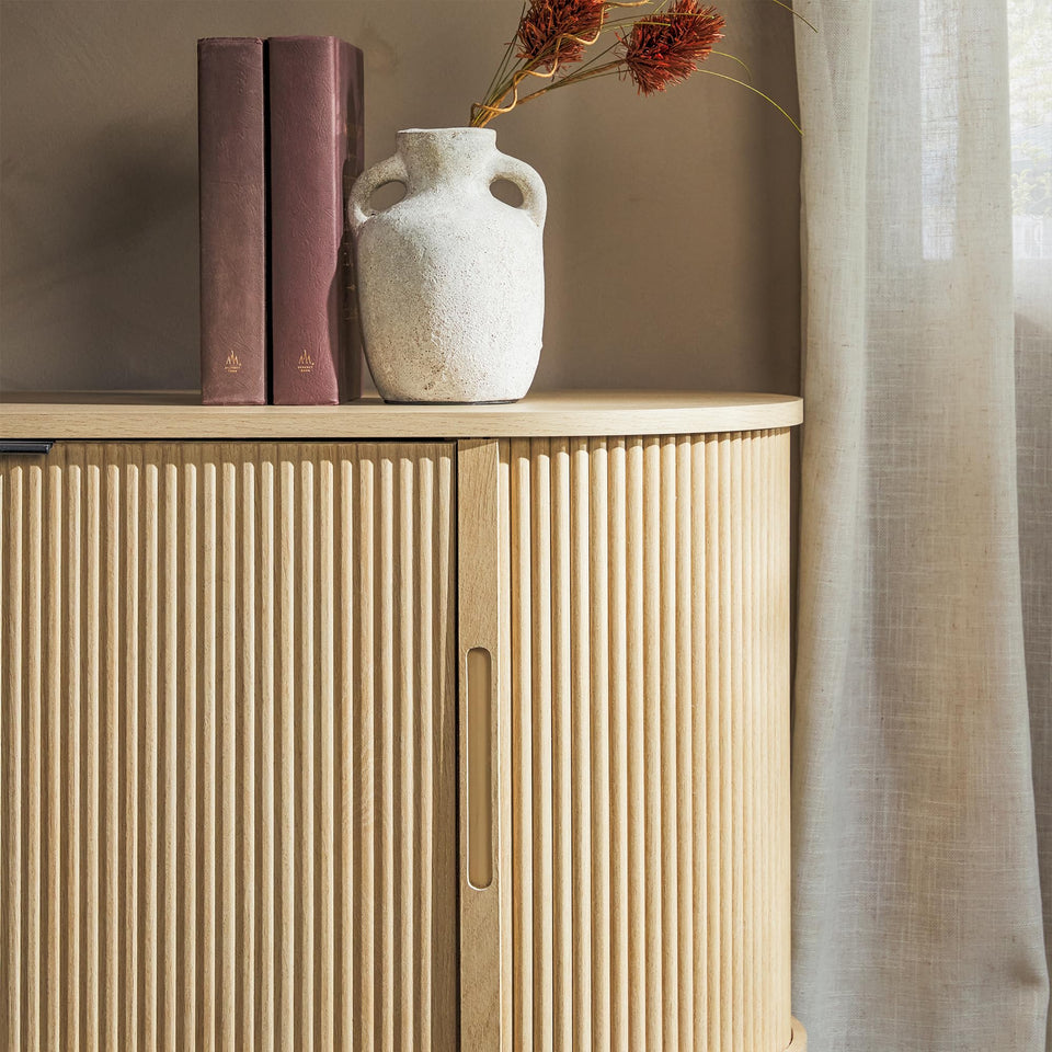 Walker Edison Chloe Curved Reeded TV Stand, Sliding Doors, 65 Inch, 60 inch, Mocha