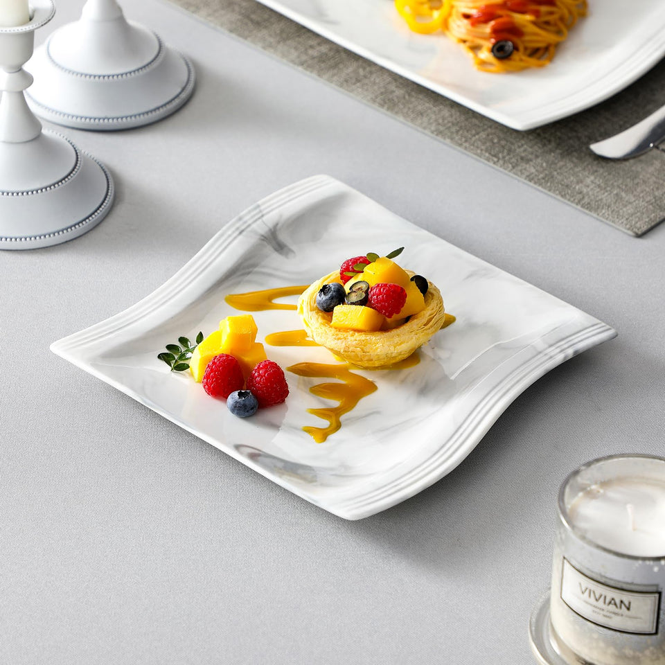 MALACASA Ivory White Dinnerware Sets, 30-Piece Porcelain Plates and Bowls Sets, Modern Dish Set for 6, Square Plates Dinnerware Set Kitchen Dishware Sets, Microwave and Dishwasher Safe, Series Flora