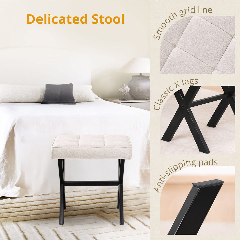 LUE BONA Square Linen Makeup Stool, Metal X Legs, Small Ottoman Stool Chair for Vanity, Modern Padded Seat Foot Rest for Makeup Room, Bathroom