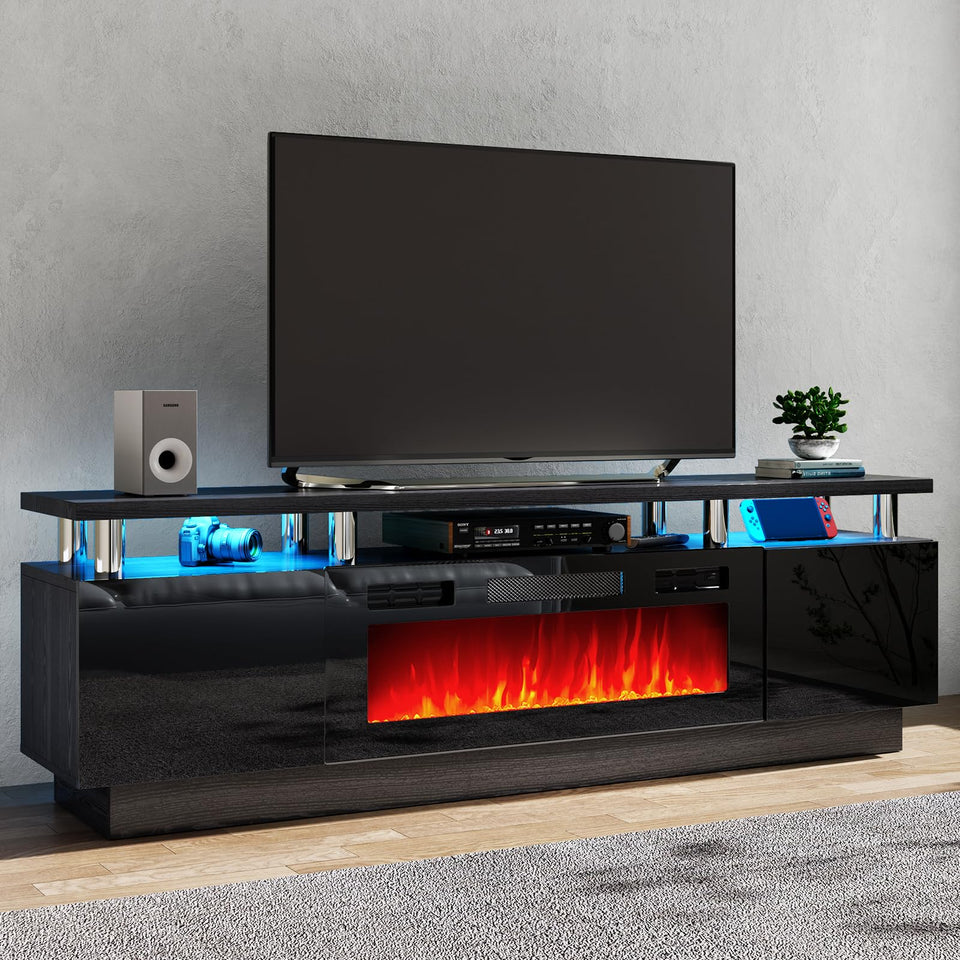 OneBlis 70" TV Stand for Living Room, Modern Entertainment Center & Media Console, Fits TVs up to 80", Storage Cabinet with Shelves, 36" Electric Fireplace with LED Flame (All Black)