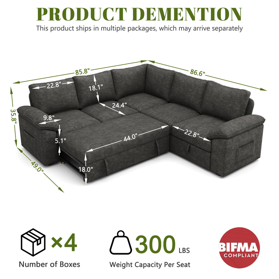 SUAWY 108 Inch Sectional Sleeper Sofa with Pull Out Bed,U Shaped 7 Seat Modular Sectional Sofa with Storage,Sectional Couches for Living Room,Cloud Modular Couch,Removable Sofa Cover,Dark Grey